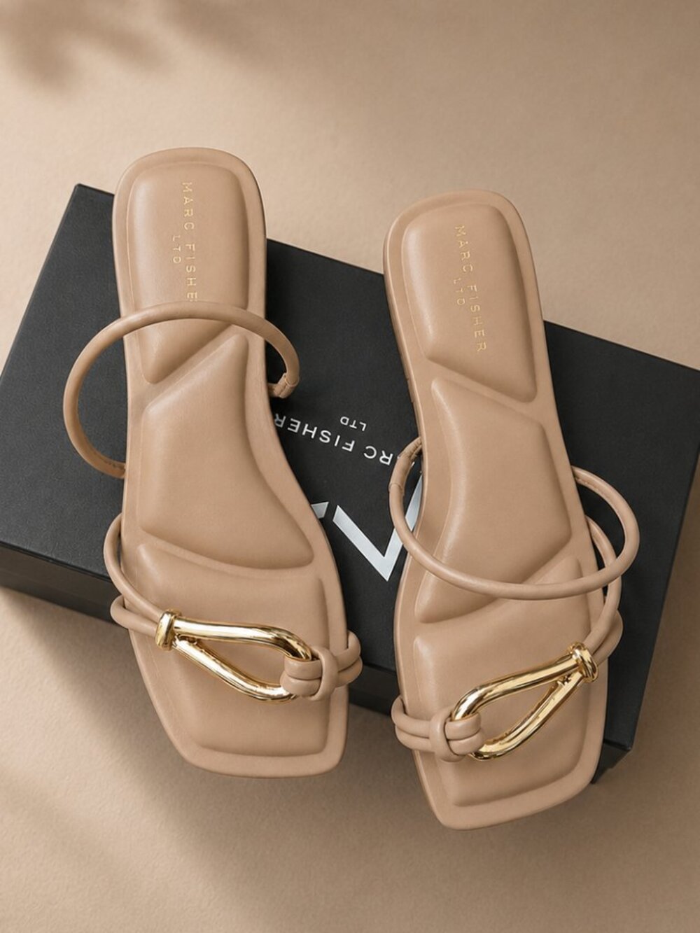 Marc Fisher Mazza Tan Sandals | Gold Accent Heels - Picture 5 of 10